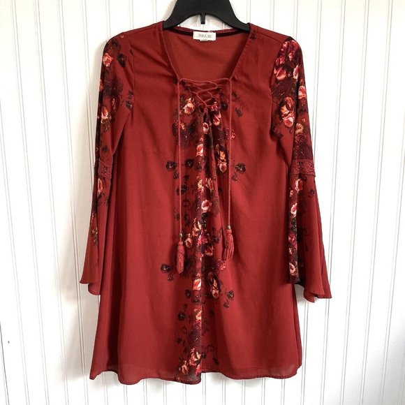 Taylor & Sage Womens XSmall Rust Rose Floral Long Sleeve Dress Lace Up Tie Front - Picture 1 of 8